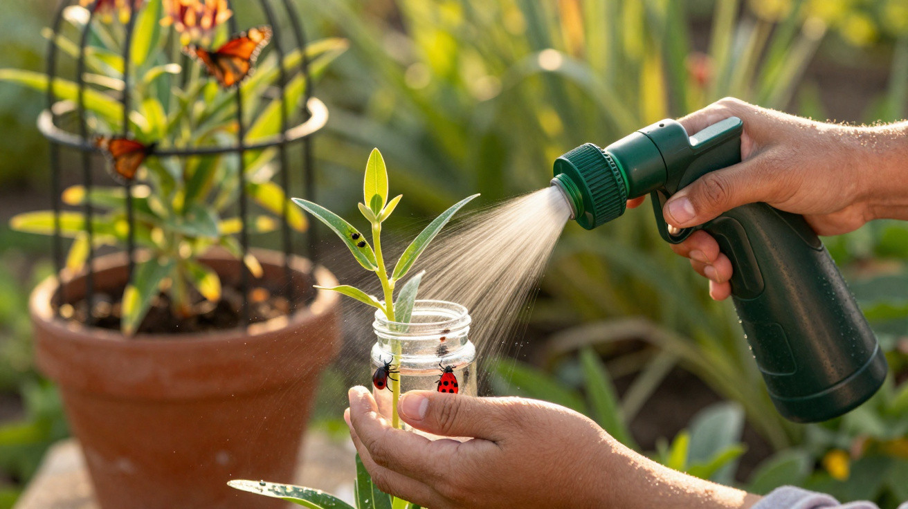 Mãos a regar planta pequena numa jarra com pulverizador verde em ambiente de jardim.