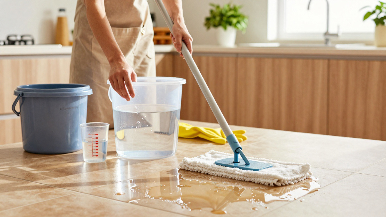 Pessoa a limpar um chão de azulejo com esfregona e balde de água numa cozinha moderna.