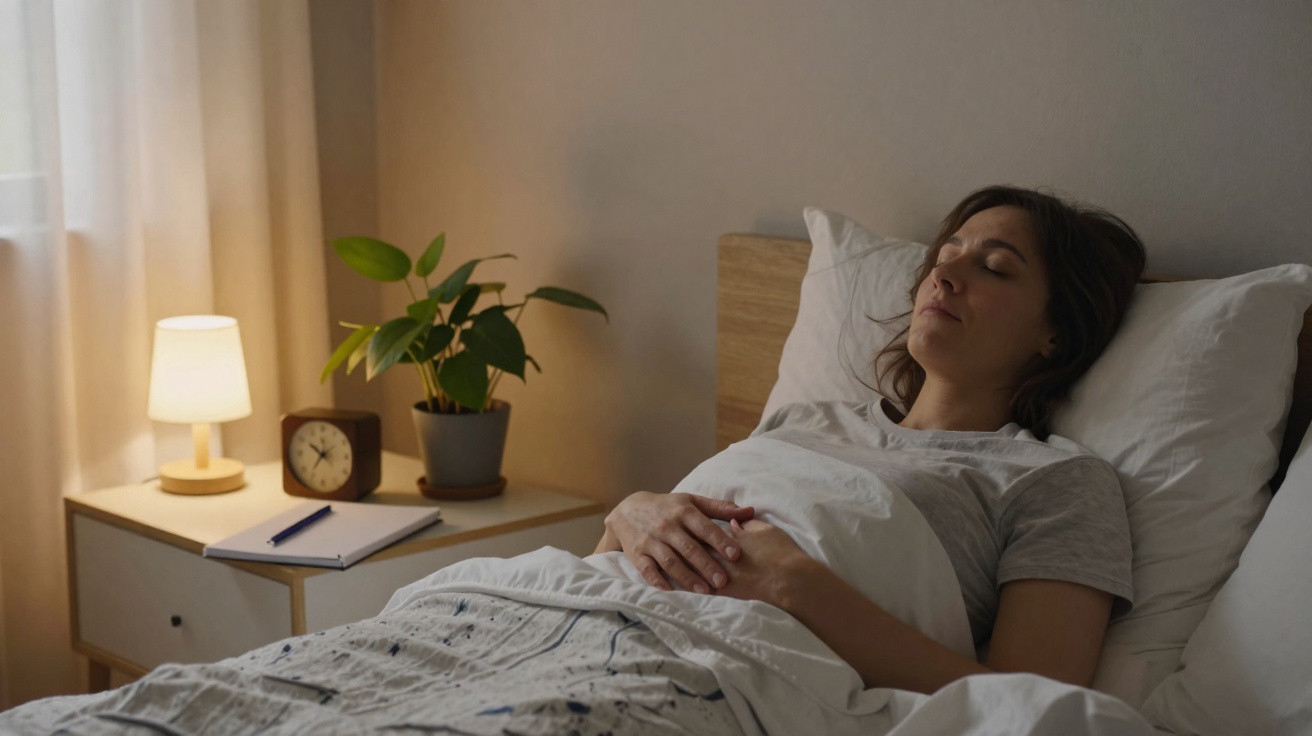 Mulher dorme repousando numa cama com cabeceira de madeira, ao lado mesa com candeeiro, planta e relógio.