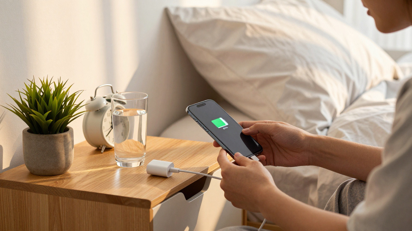 Pessoa sentada na cama a carregar um telemóvel, com mesa de cabeceira, planta, copo de água e despertador.