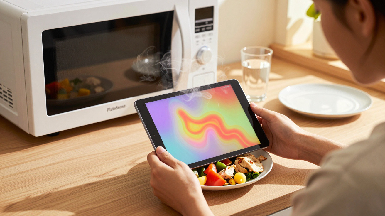 Pessoa a usar tablet para aquecer comida num micro-ondas numa cozinha iluminada e moderna.