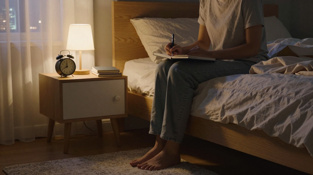 Pessoa sentada na cama a escrever num caderno, com luz suave de candeeiro no criado-mudo ao lado.