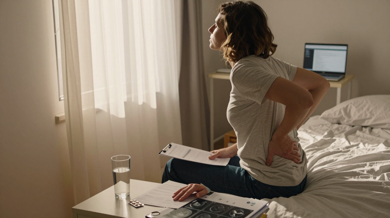 Pessoa sentada na cama com dor nas costas, segurando documentos num quarto iluminado pela luz do dia.