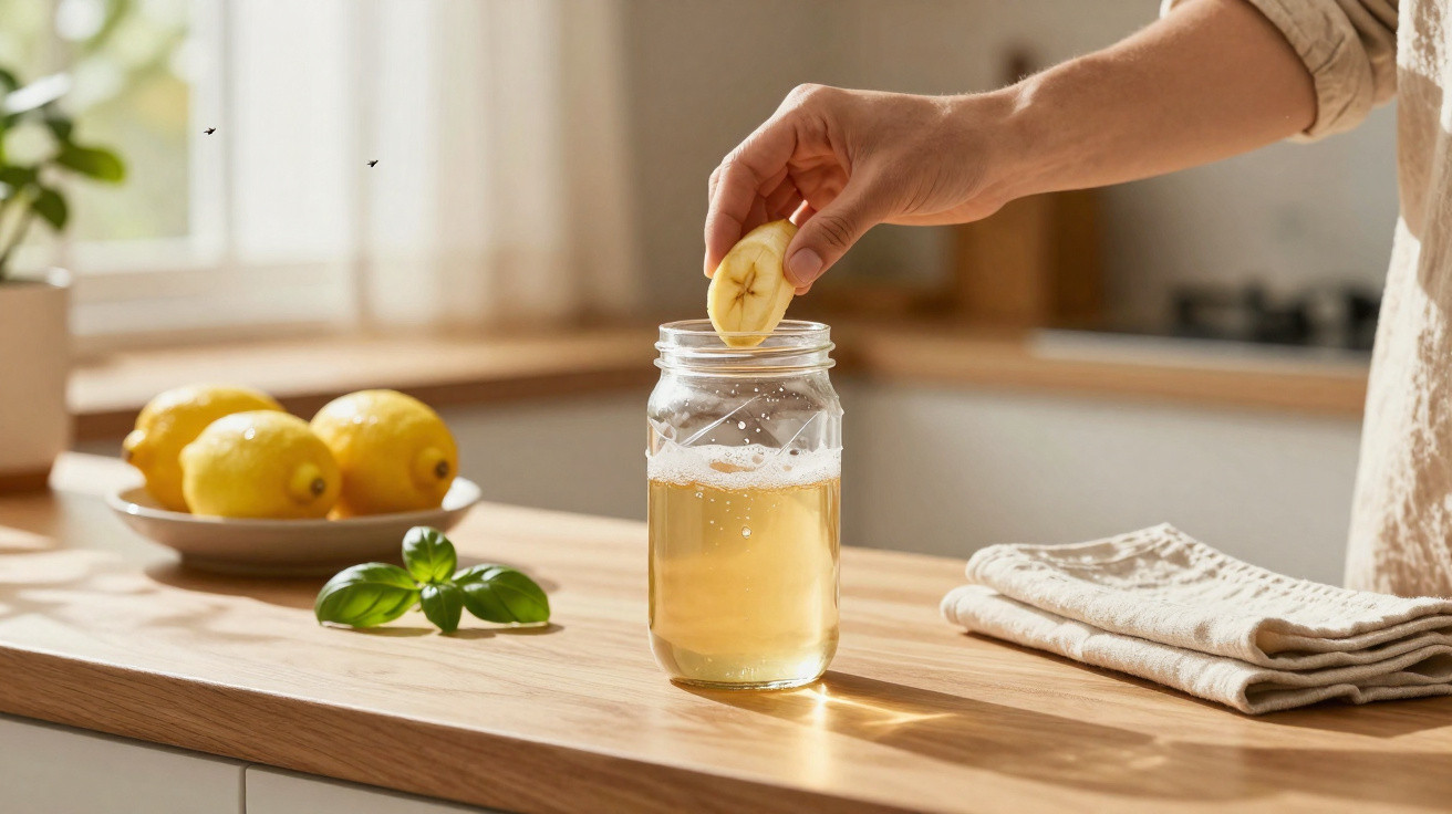 Mão a colocar fatia de banana em copo com bebida clara numa cozinha iluminada, com limões e manjericão na bancada.