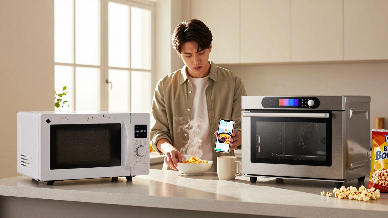 Homem numa cozinha com micro-ondas, forno e smartphone ao lado de uma tigela com comida quente.