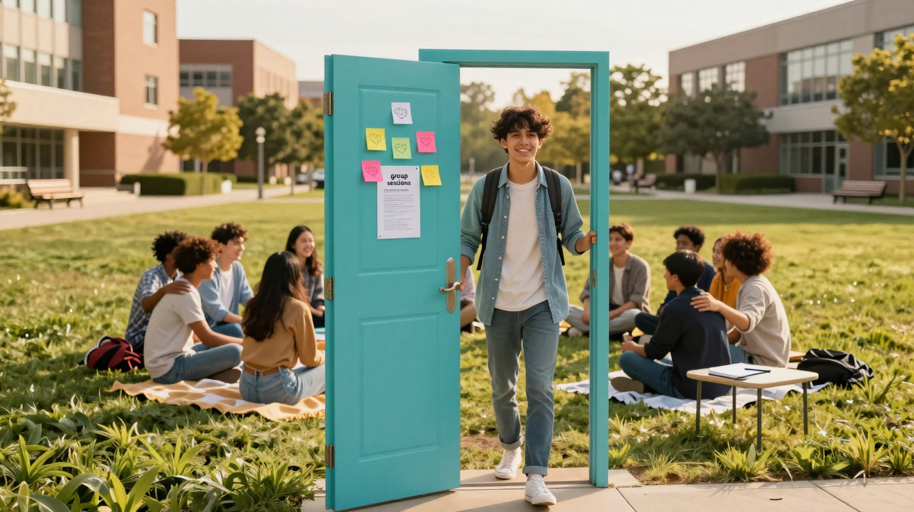 Jovem a abrir porta azul no exterior, com grupo de estudantes sentado na relva ao fundo numa escola.