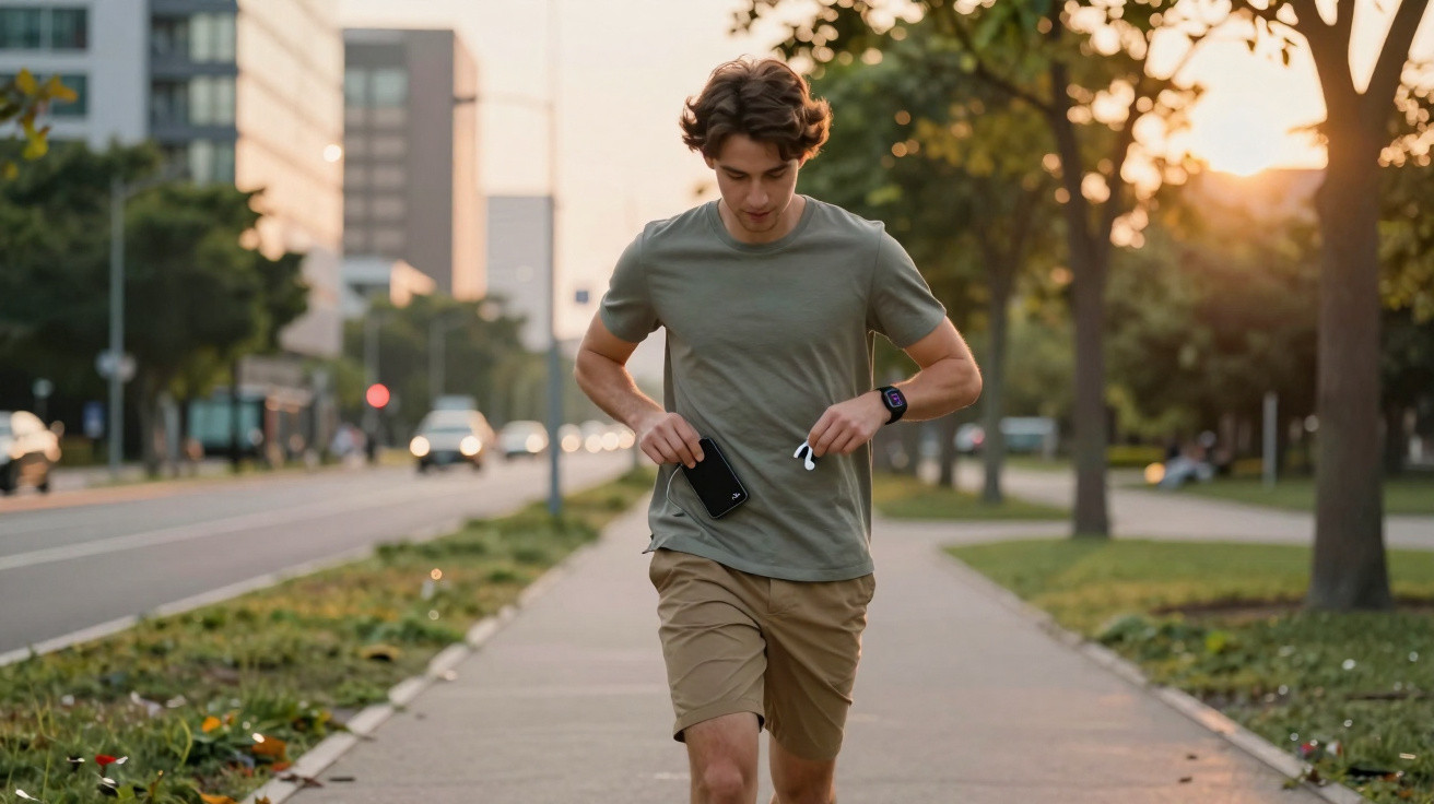 Jovem corredor prepara fones de ouvido enquanto corre numa calçada urbana ao pôr do sol.