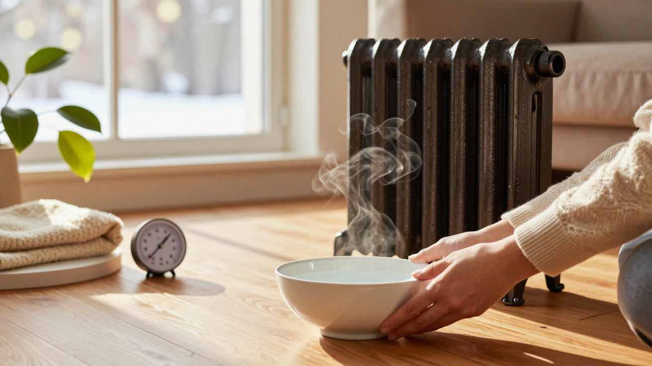 Pessoa a colocar um recipiente com água quente junto a um aquecedor de radiador no chão de madeira.
