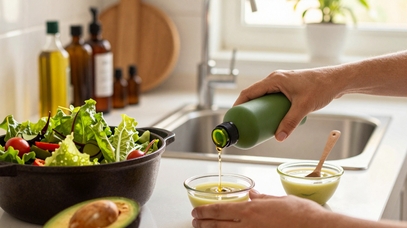 Pessoa a verter azeite numa taça ao lado de salada fresca e meio abacate na bancada da cozinha.