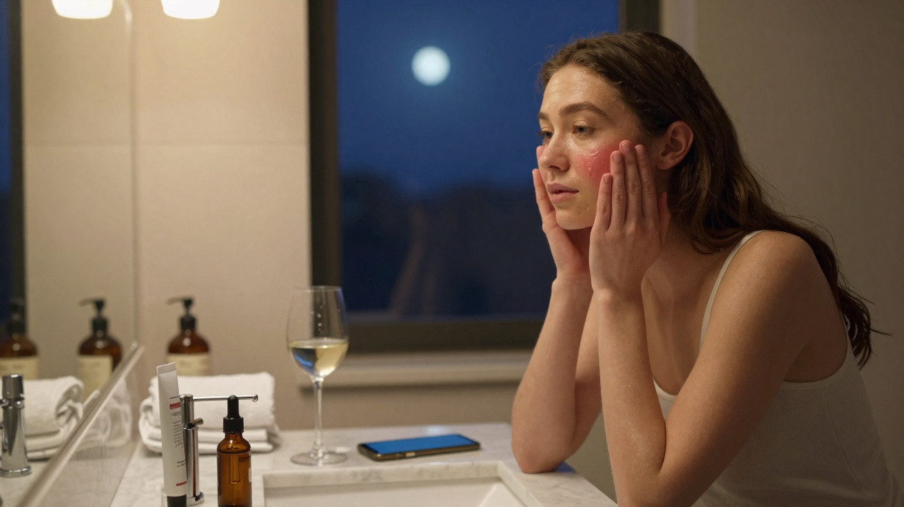 Mulher a cuidar da pele com vermelhidão nas bochechas, num lavabo com janela aberta e copo de bebida.