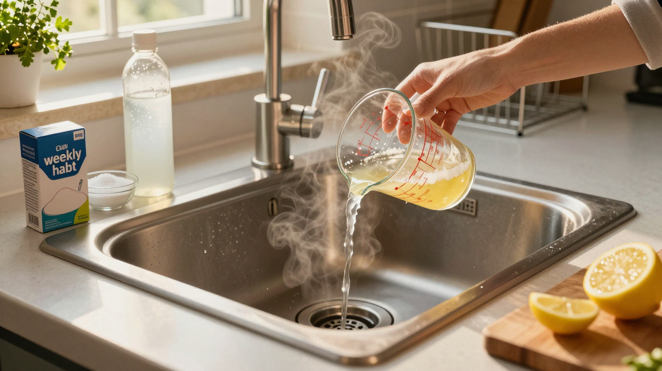 Mão a verter líquido quente num lava-loiça, com limões cortados e produtos de limpeza na bancada da cozinha.