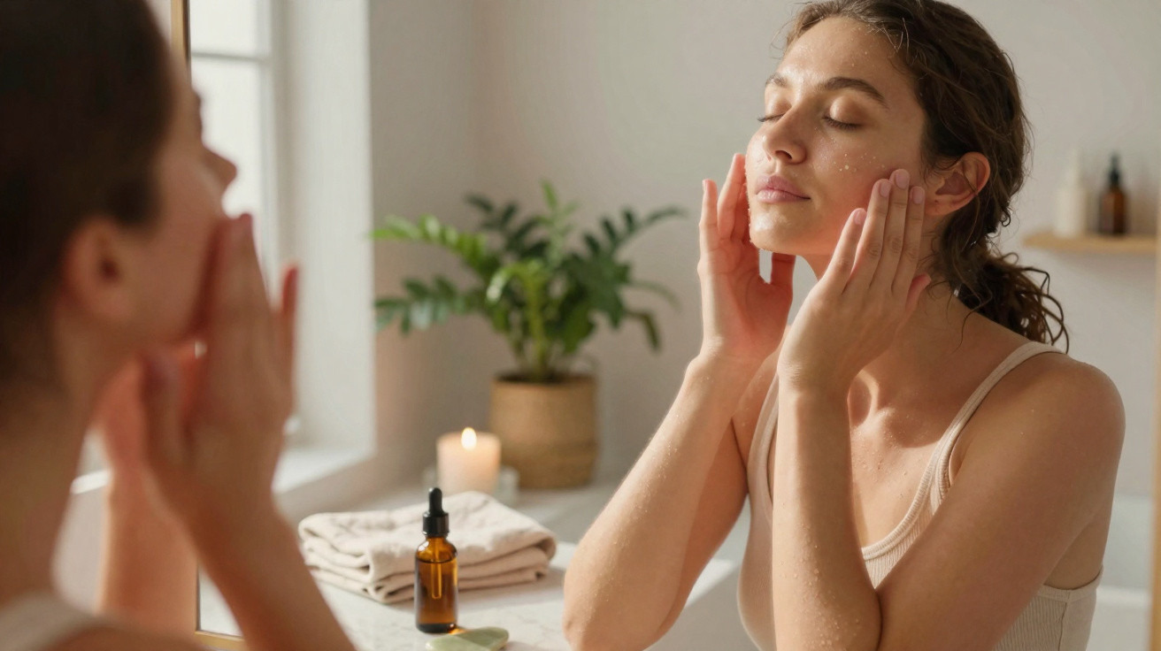 Mulher a aplicar creme facial em frente ao espelho num ambiente calmo e iluminado.