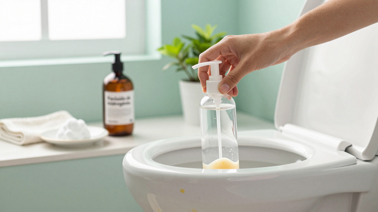 Pessoa a retirar dispensador de sabão líquido do vaso sanitário num quarto de banho moderno.