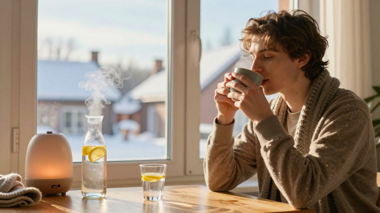 Jovem sentado a beber chá quente numa caneca junto a uma janela com vista para neve, numa manhã fria.