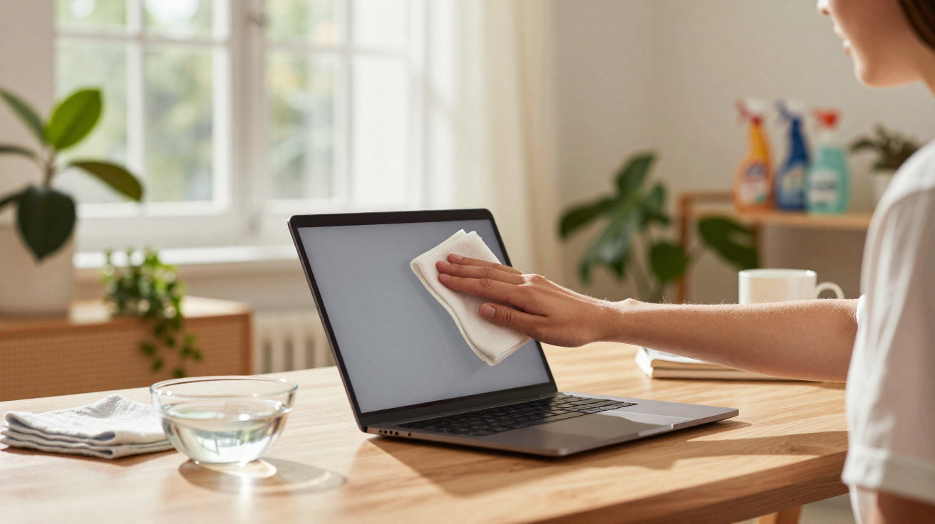 Pessoa a limpar ecrã de computador portátil com um pano branco numa mesa de madeira clara.
