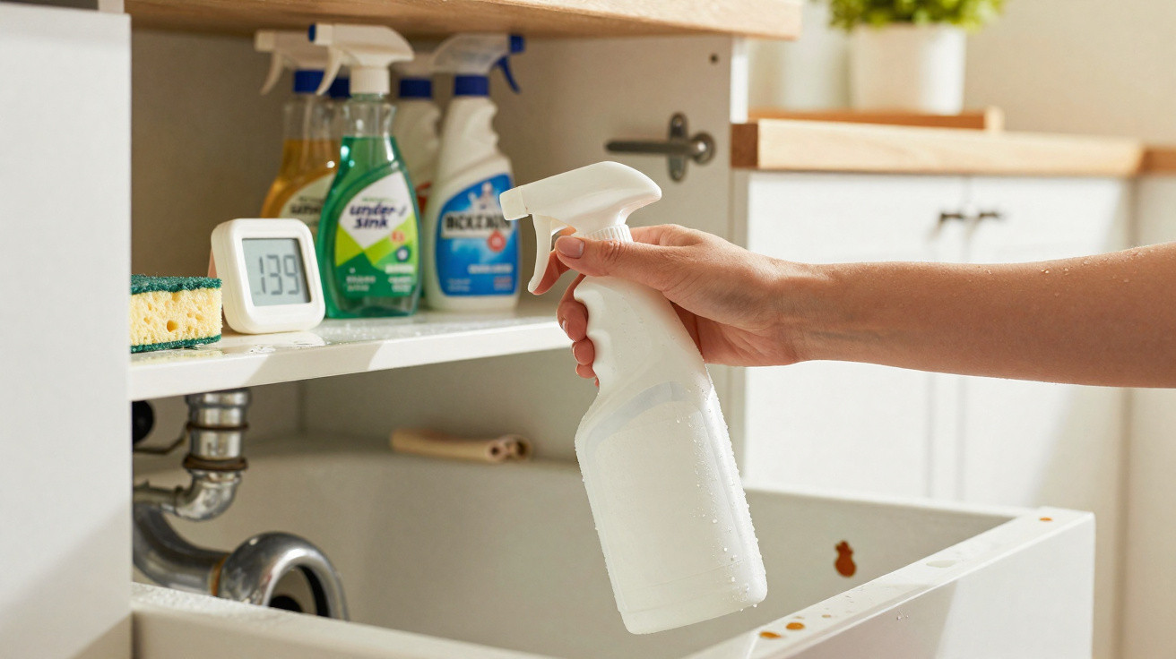 Mão a segurar pulverizador branco perto de pia com produtos de limpeza e esponja num armário aberto.