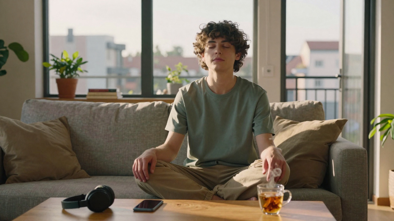 Jovem sentado em sofá meditando com olhos fechados, chá na mão e auscultadores em mesa de madeira.