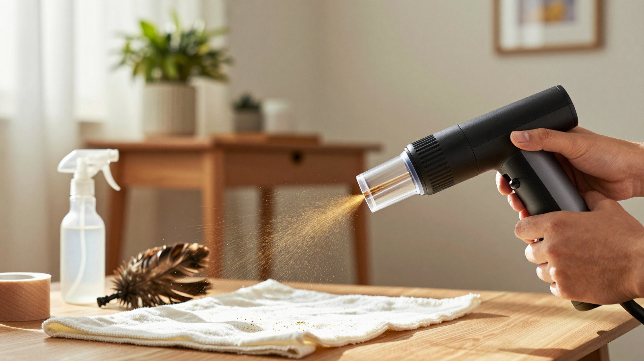 Mãos seguram pistola de ar quente para limpar pó de pena numa mesa de madeira com pano branco.
