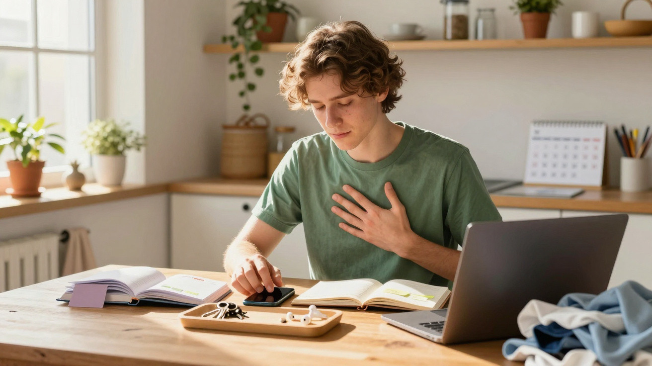 Jovem sentado à mesa a estudar com computador portátil, livros e a usar telemóvel numa divisão iluminada.