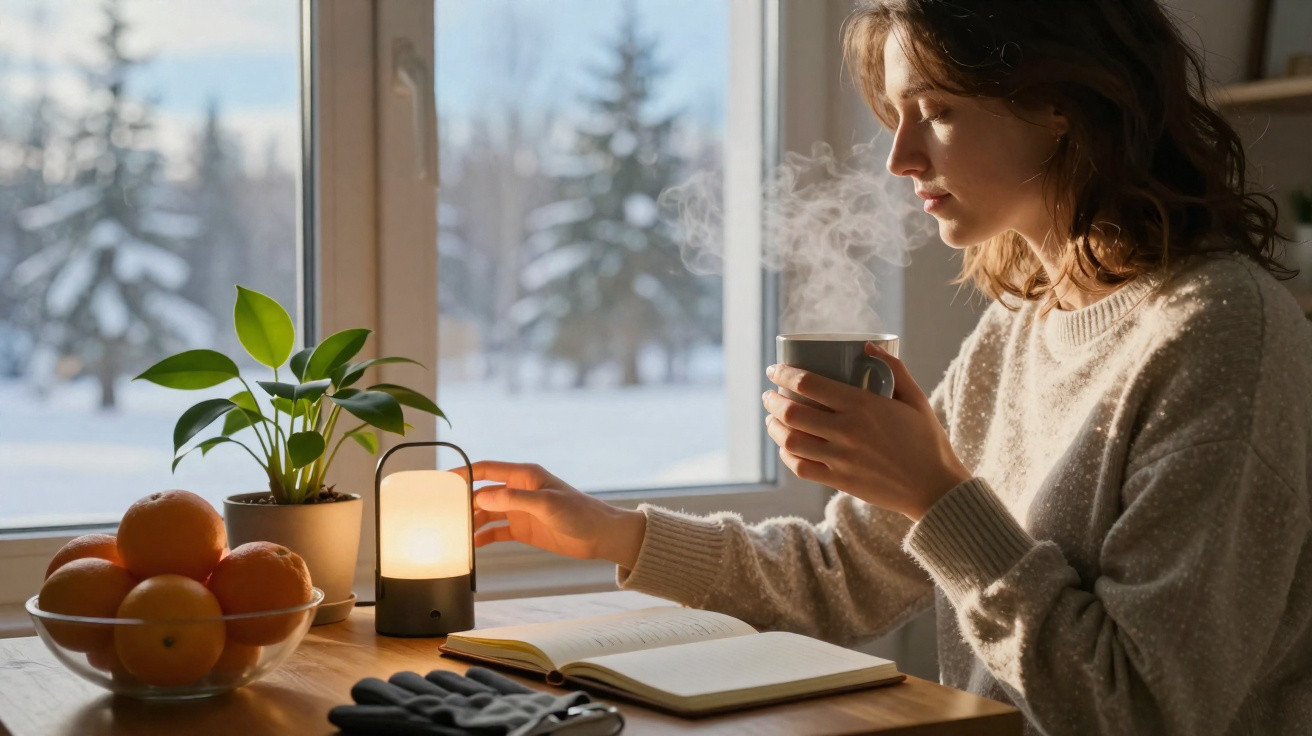 Mulher a beber chá quente junto à janela com paisagem de neve, lendo livro e acendendo uma lâmpada.