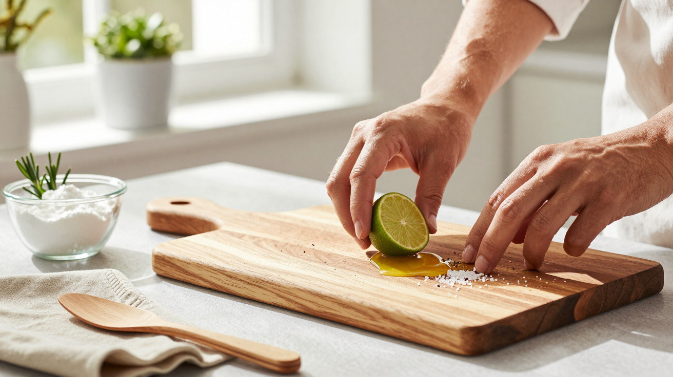 Mãos a espremer meio limão sobre tábua de madeira com sal grosso, mesa com colher e recipiente de sal.