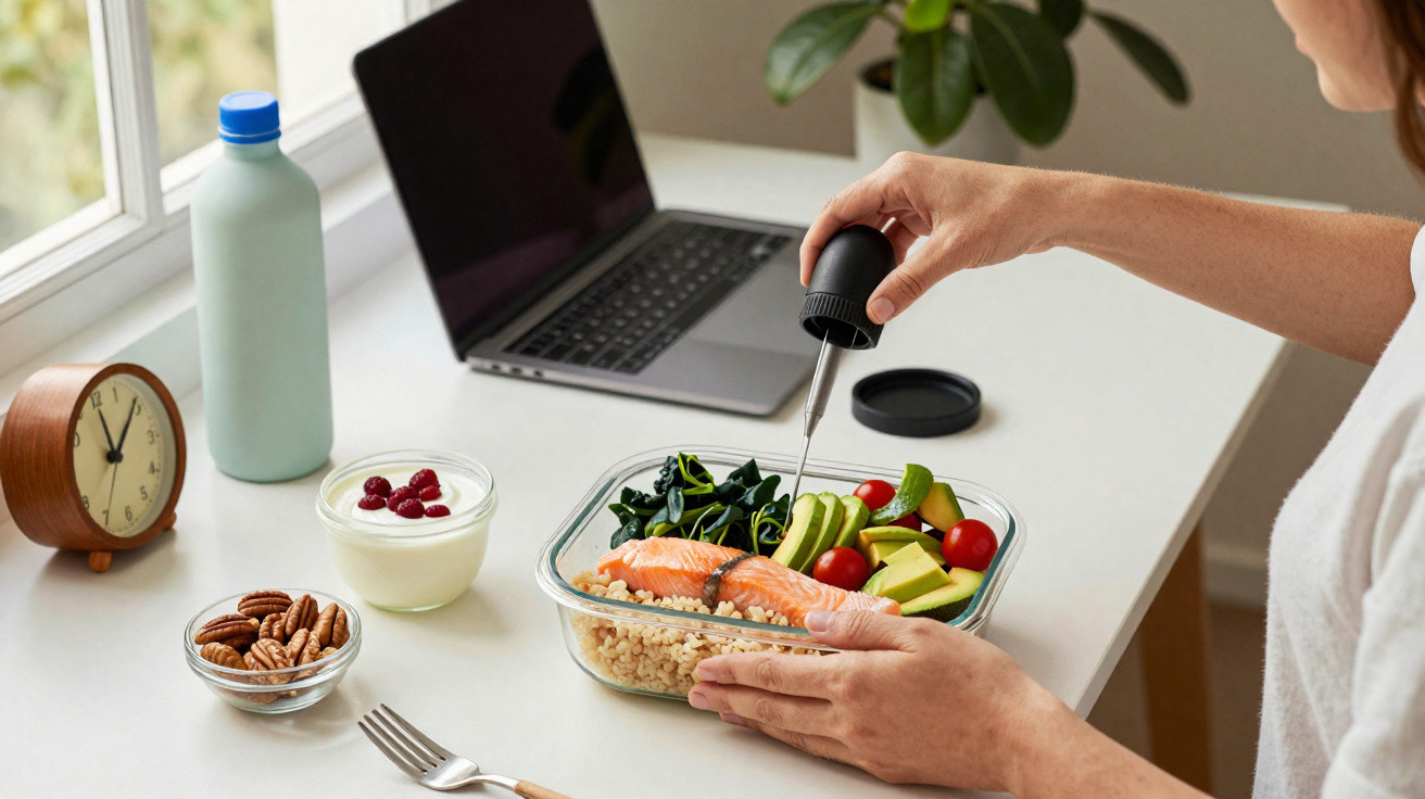 Pessoa a temperar salada com salmão, abacate e tomate numa caixa transparente ao lado de computador portátil.