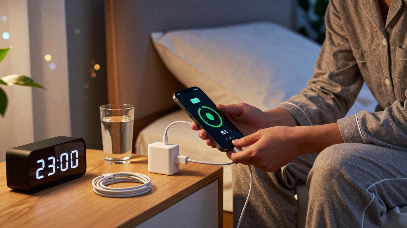 Pessoa em pijama a carregar um telemóvel ao lado de um relógio digital que marca 23:00 e um copo de água.