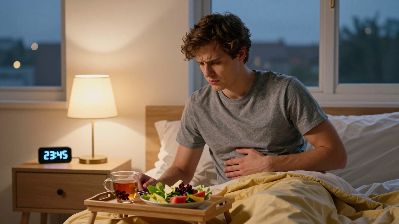 Homem sentado na cama à noite, com expressão de dor abdominal, acompanhado de um tabuleiro com comida e chá.