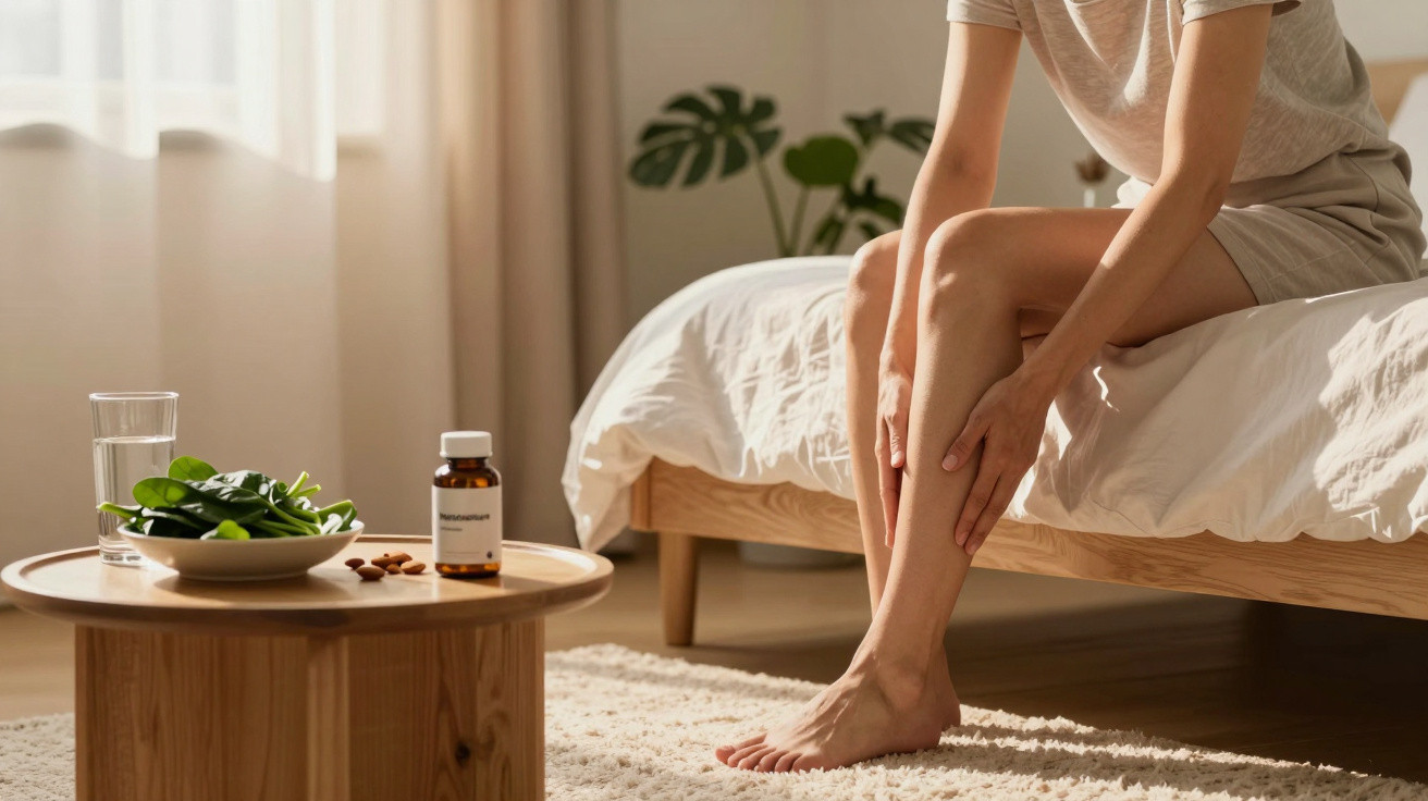 Pessoa sentada na cama a tocar nas pernas, com mesa pequena ao lado com copo, prato de folhas e frasco de comprimidos.