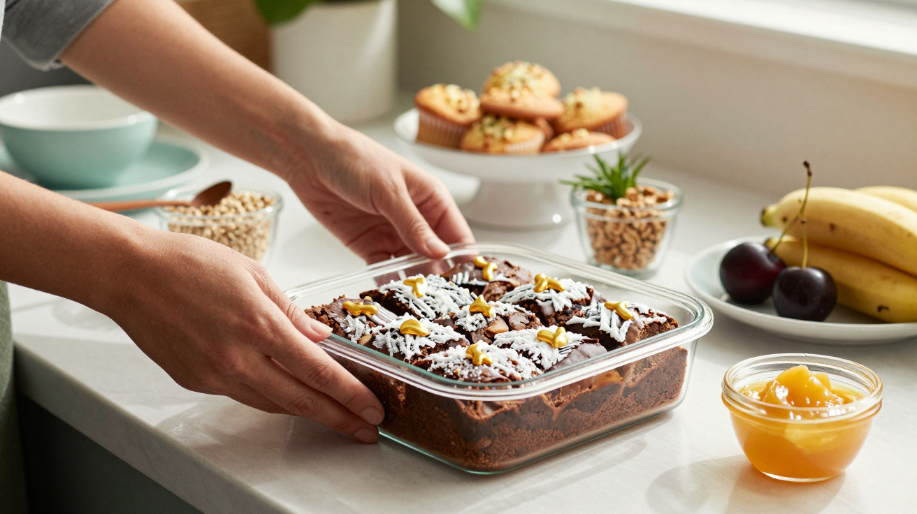 Pessoas a pegar um tabuleiro de vidro com brownies decorados numa bancada com frutas e muffins atrás.