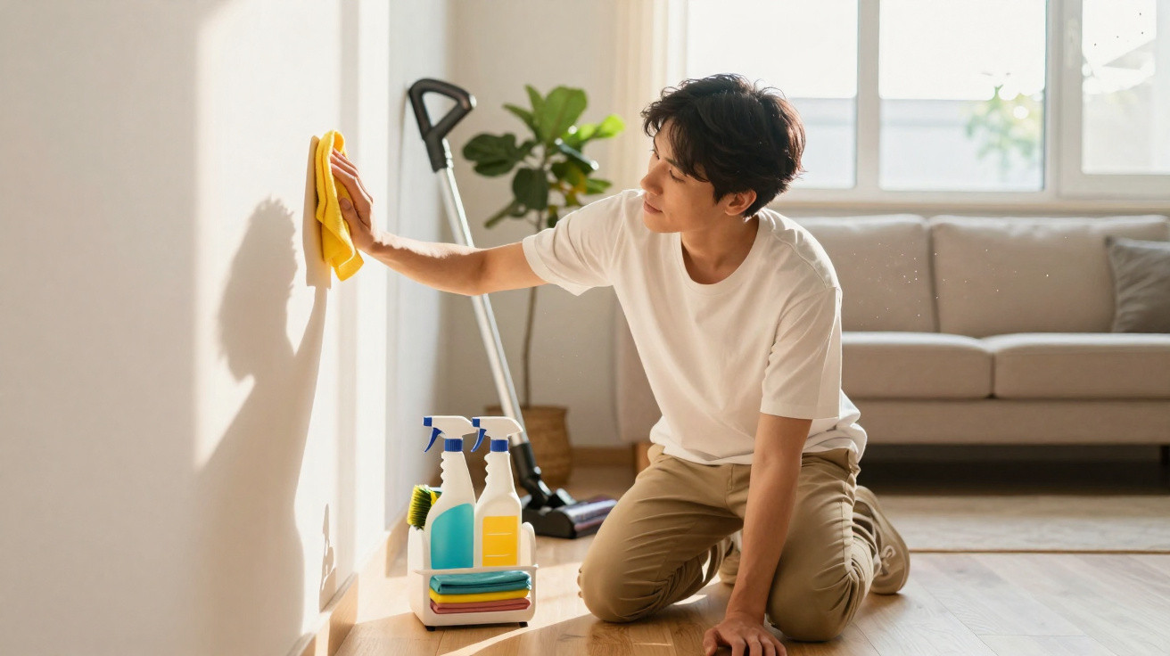 Pessoa a limpar a parede de uma sala clara com pano amarelo, com produtos de limpeza ao lado.