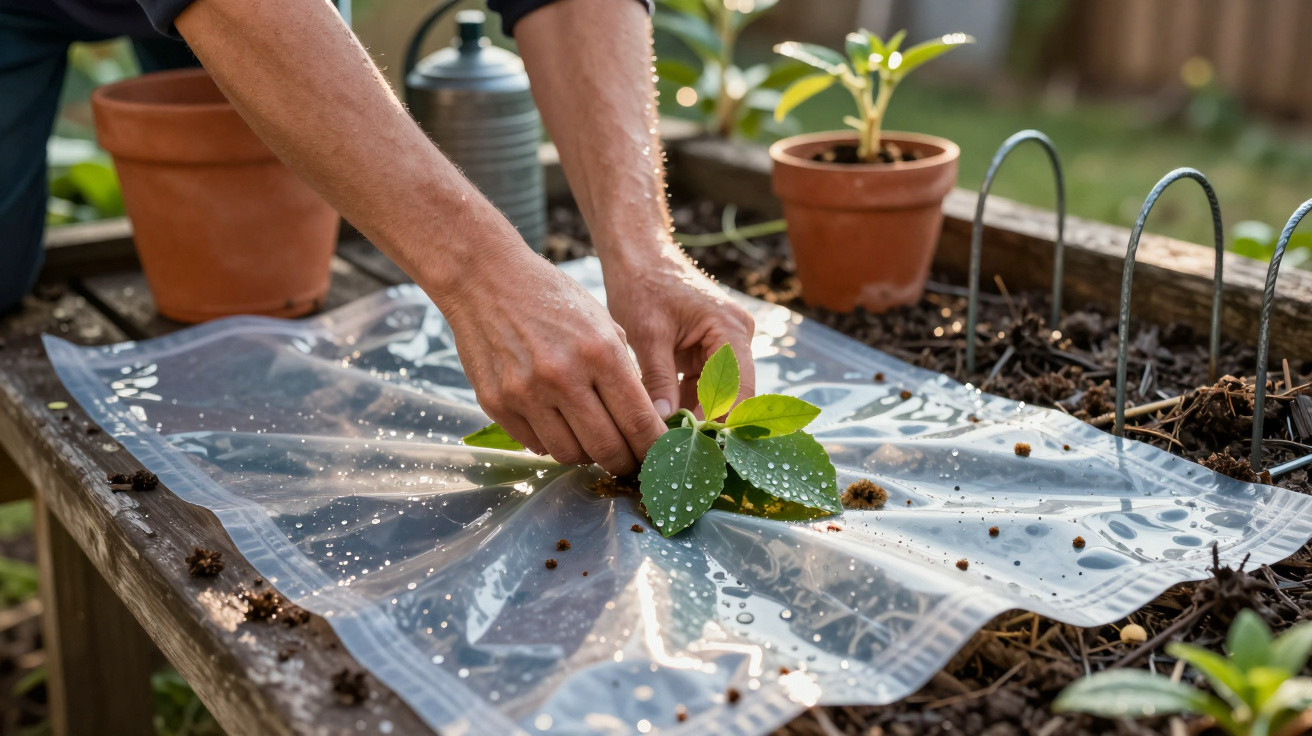 Mãos a plantar uma muda com plástico protetor num canteiro de jardim com terra e vasos.
