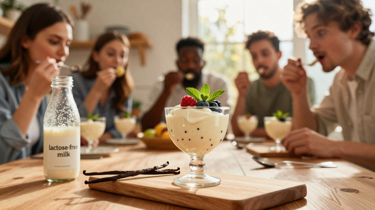 Grupo de cinco pessoas a comer sobremesa cremosa com frutos vermelhos numa mesa de madeira.