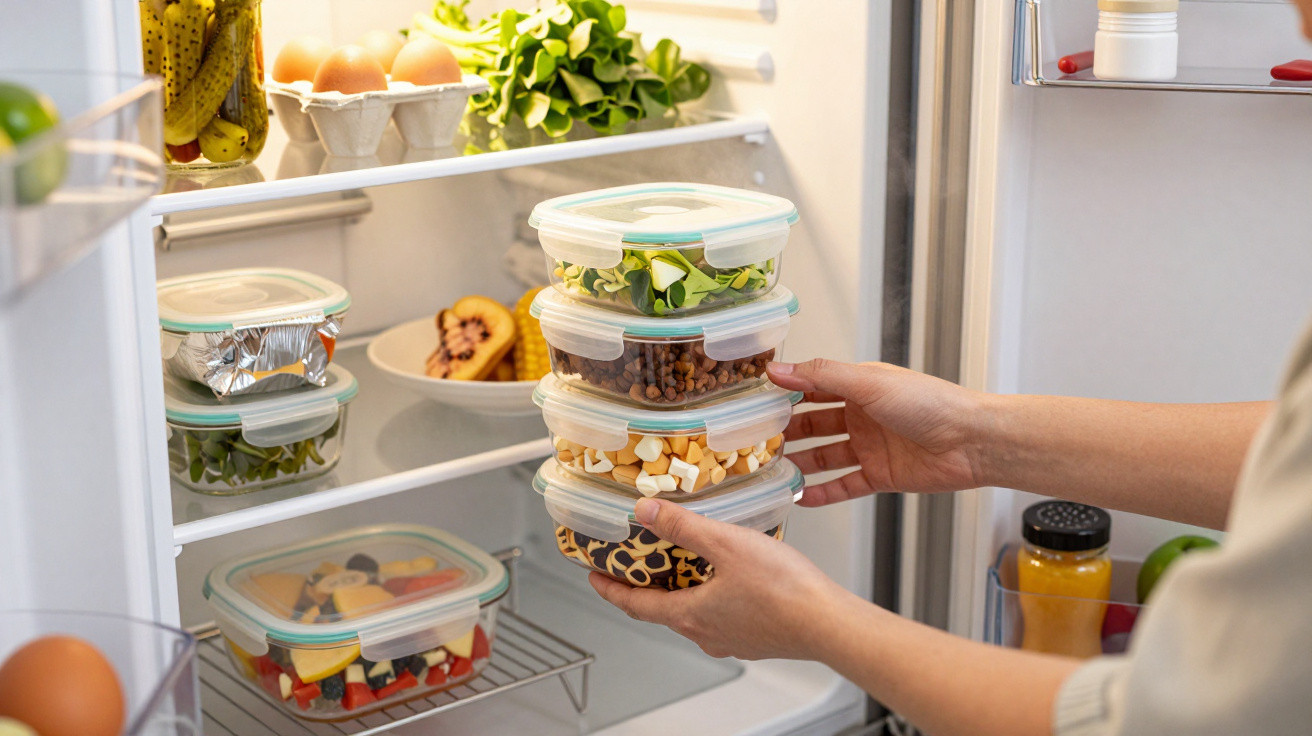 Mãos a guardar quatro caixas de plástico com alimentos variados numa frigorífico aberto e organizado.
