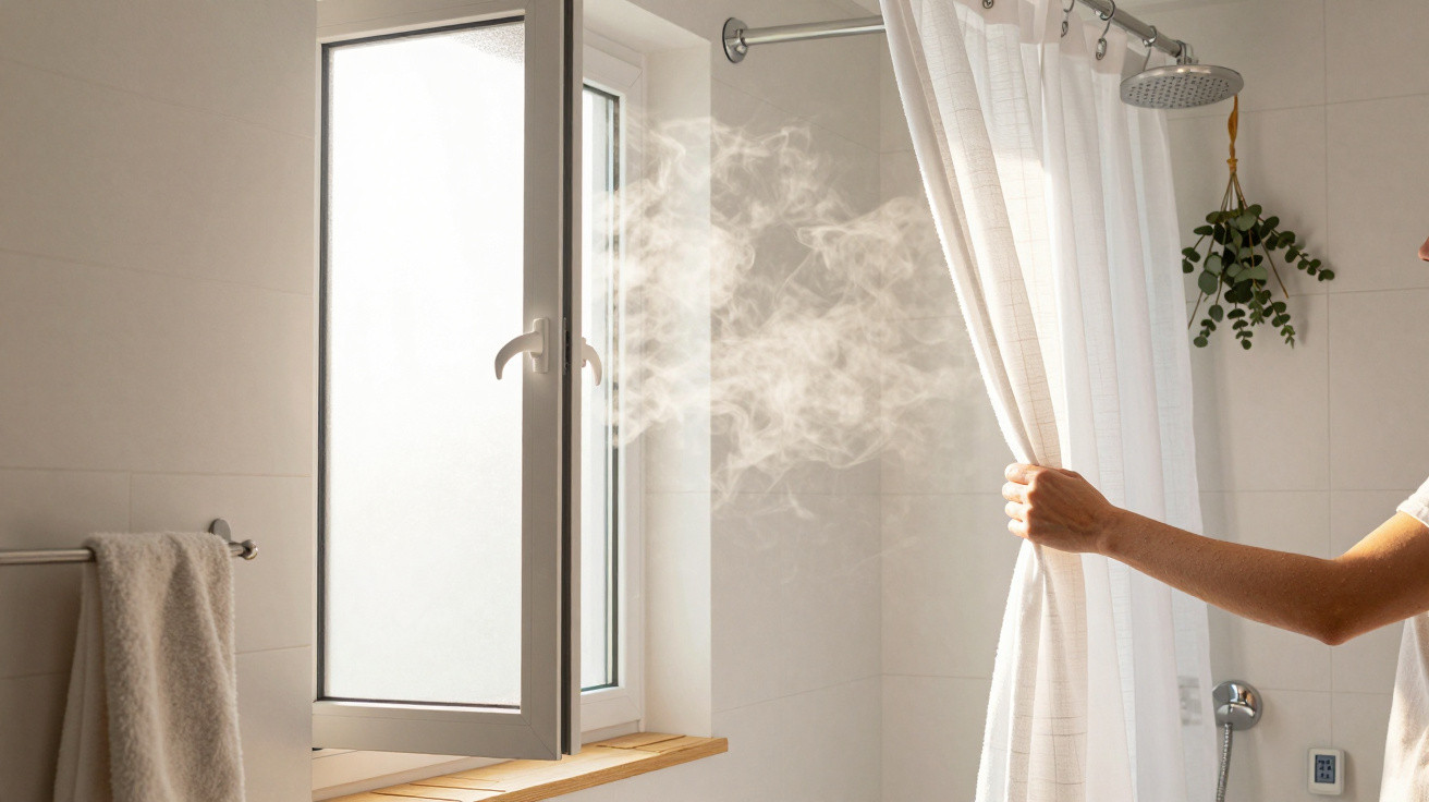Mão a afastar cortina de duche em casa de banho com vapor e janela aberta para ventilação.