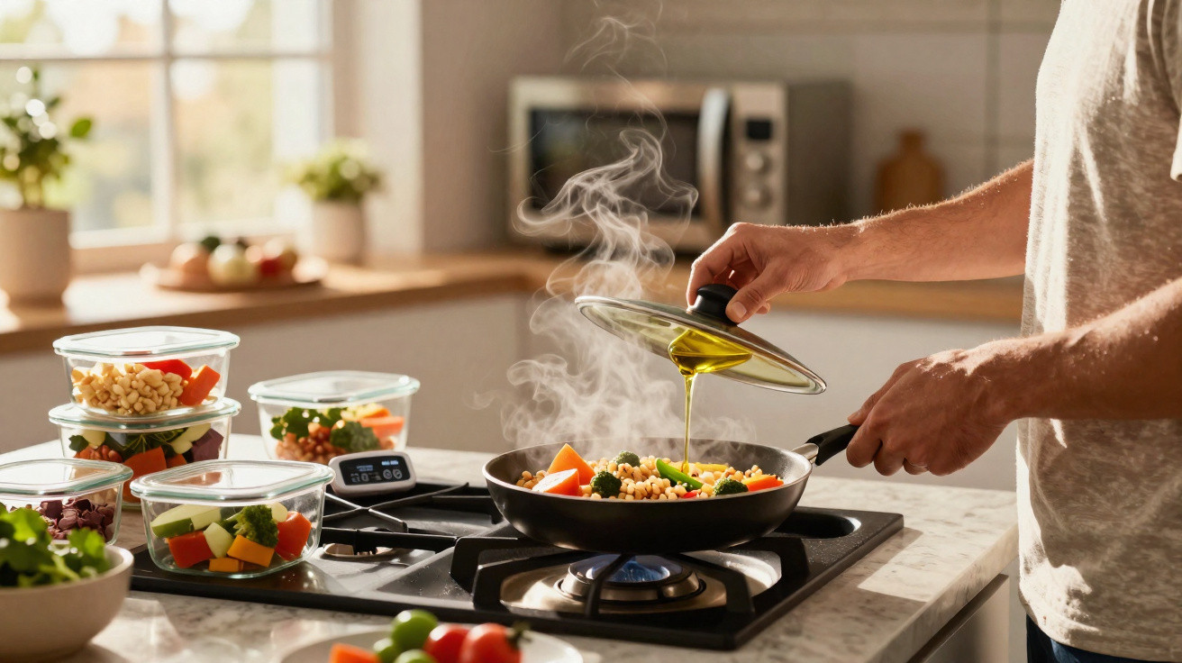 Pessoa a cozinhar legumes numa frigideira com azeite, com recipientes de comida ao lado na cozinha.
