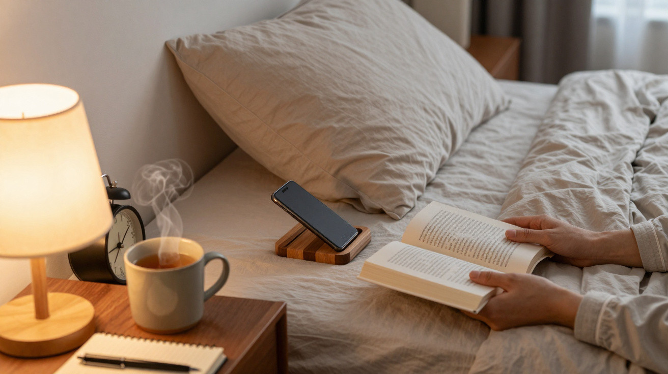 Pessoa a ler um livro na cama com almofada, telemóvel, chá quente e candeeiro ao lado.