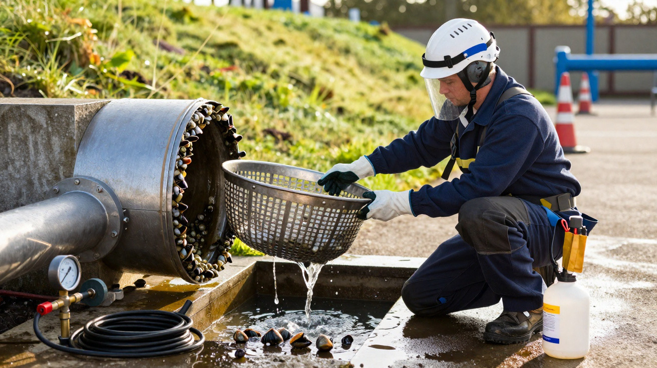 Trabalhador com capacete e equipamento recolhe moluscos num cesto junto a uma estrutura metálica e água.