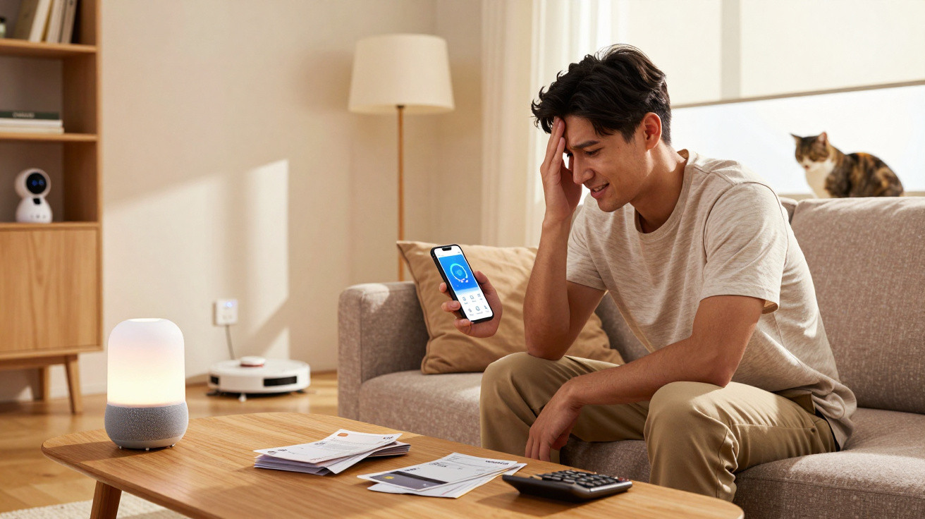 Homem preocupado sentado no sofá a consultar contas e a usar um smartphone numa sala moderna.