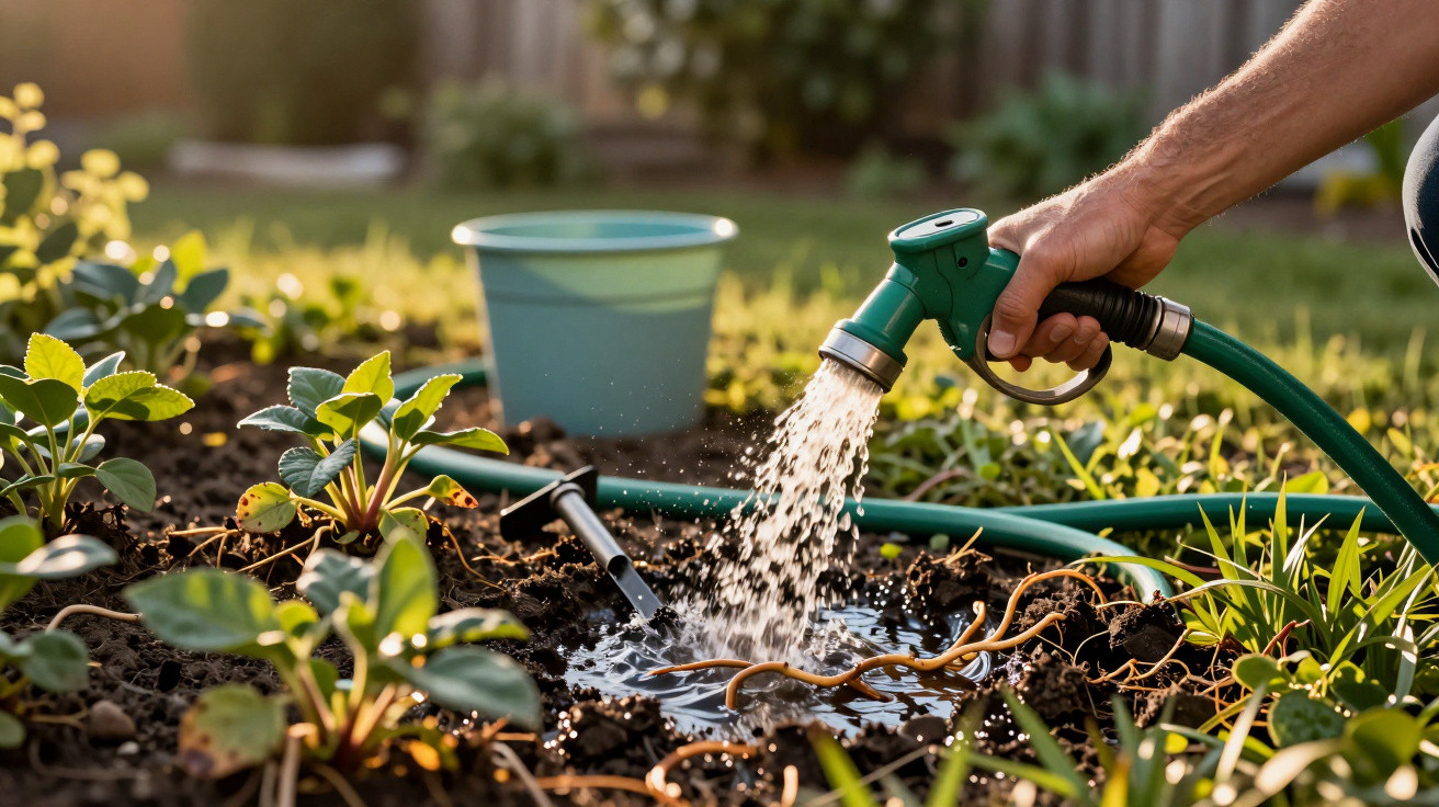 Pessoa a regar plantas num jardim com mangueira e regador azul ao fundo.