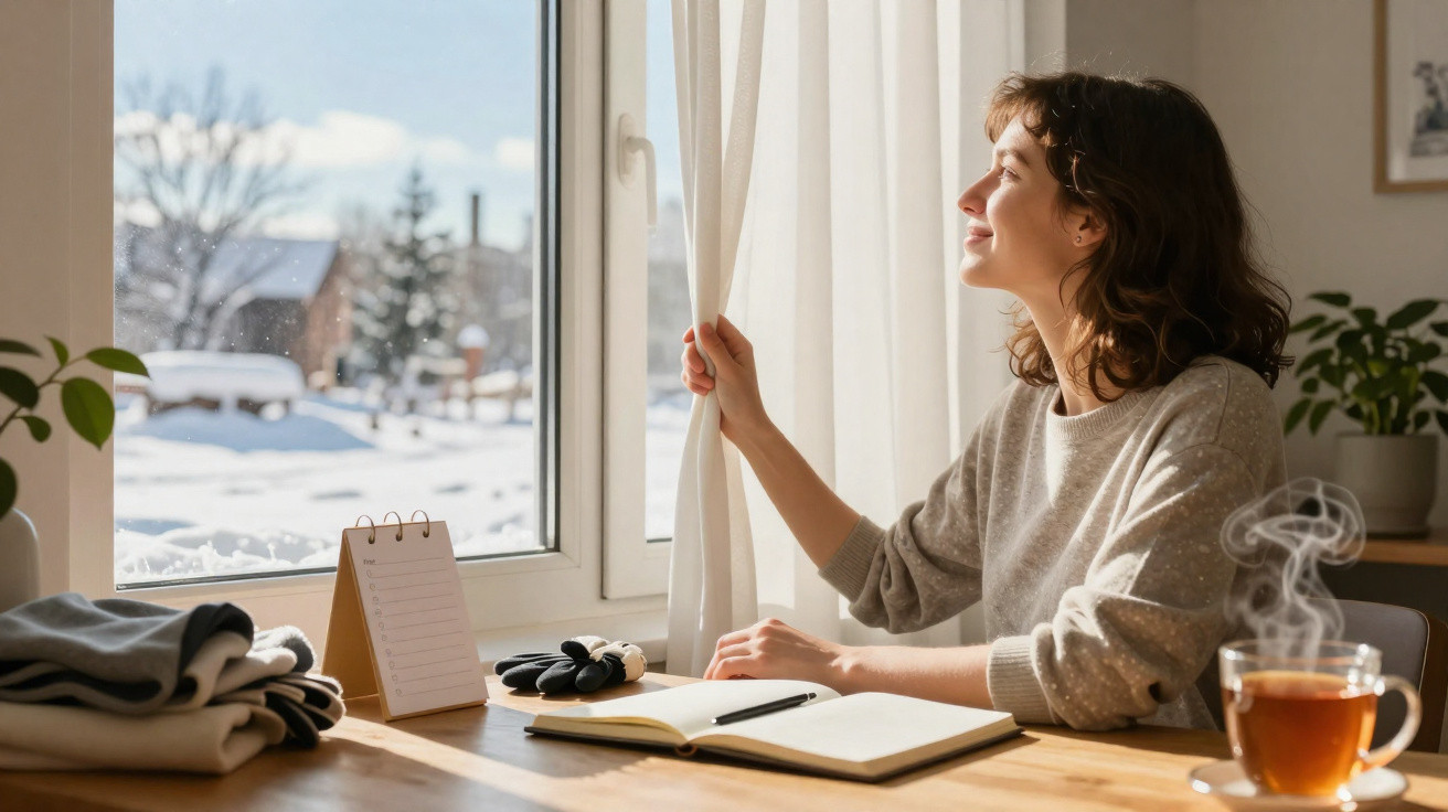 Mulher sorridente a abrir a cortina junto a uma janela com cena de neve, ao lado de livros e chá fumegante.