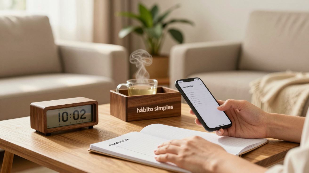Pessoa a planear tarefas no telemóvel e caderno numa mesa com relógio e chá fumegante numa sala acolhedora.