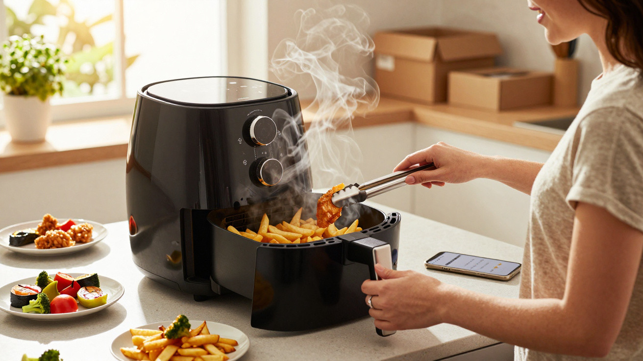 Mulher a retirar comida quente de uma fritadeira sem óleo numa cozinha iluminada.