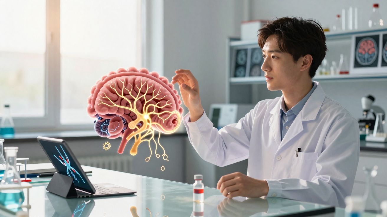 Cientista em laboratório, com bata branca, interage com imagem digital tridimensional de um cérebro humano.