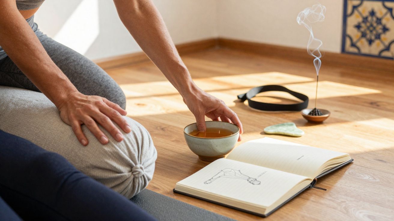 Pessoa a pegar chá junto a almofada e caderno com desenho de postura de yoga, incenso a fumegar no chão.