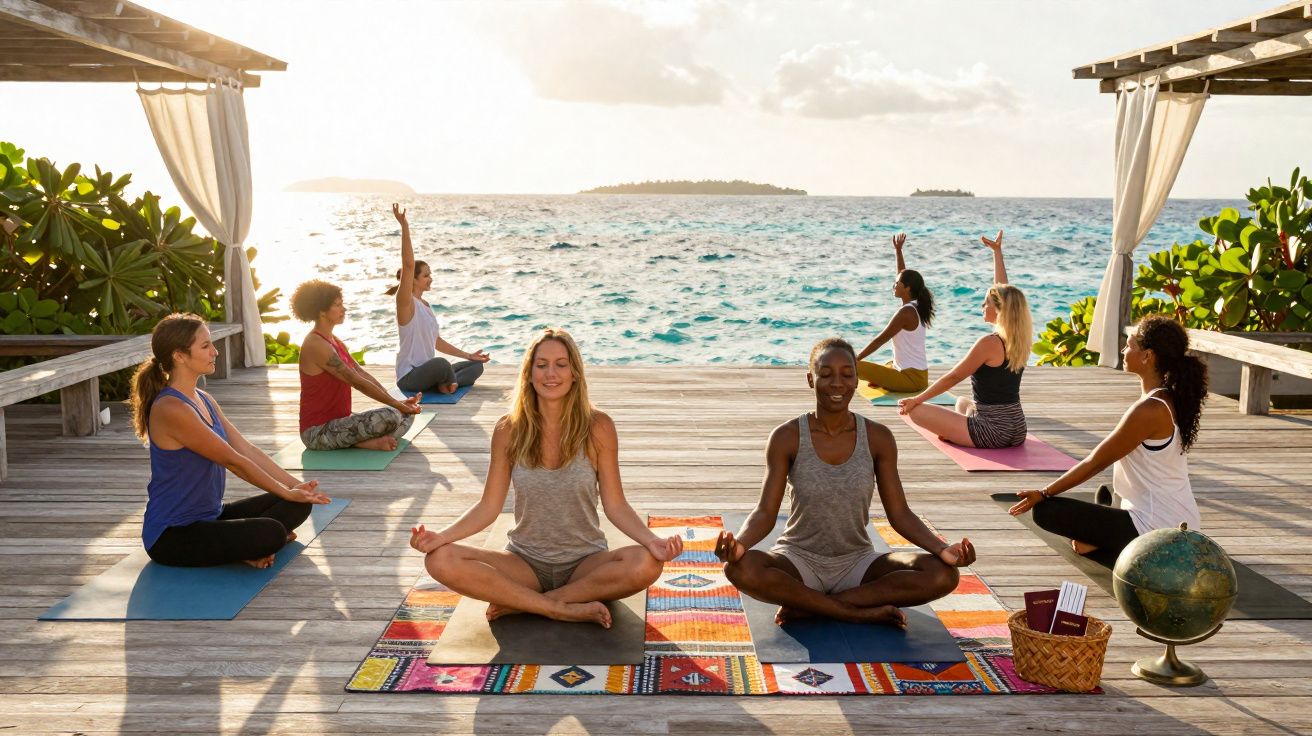 Grupo de mulheres a praticar yoga ao ar livre num deck junto ao mar ao pôr do sol.