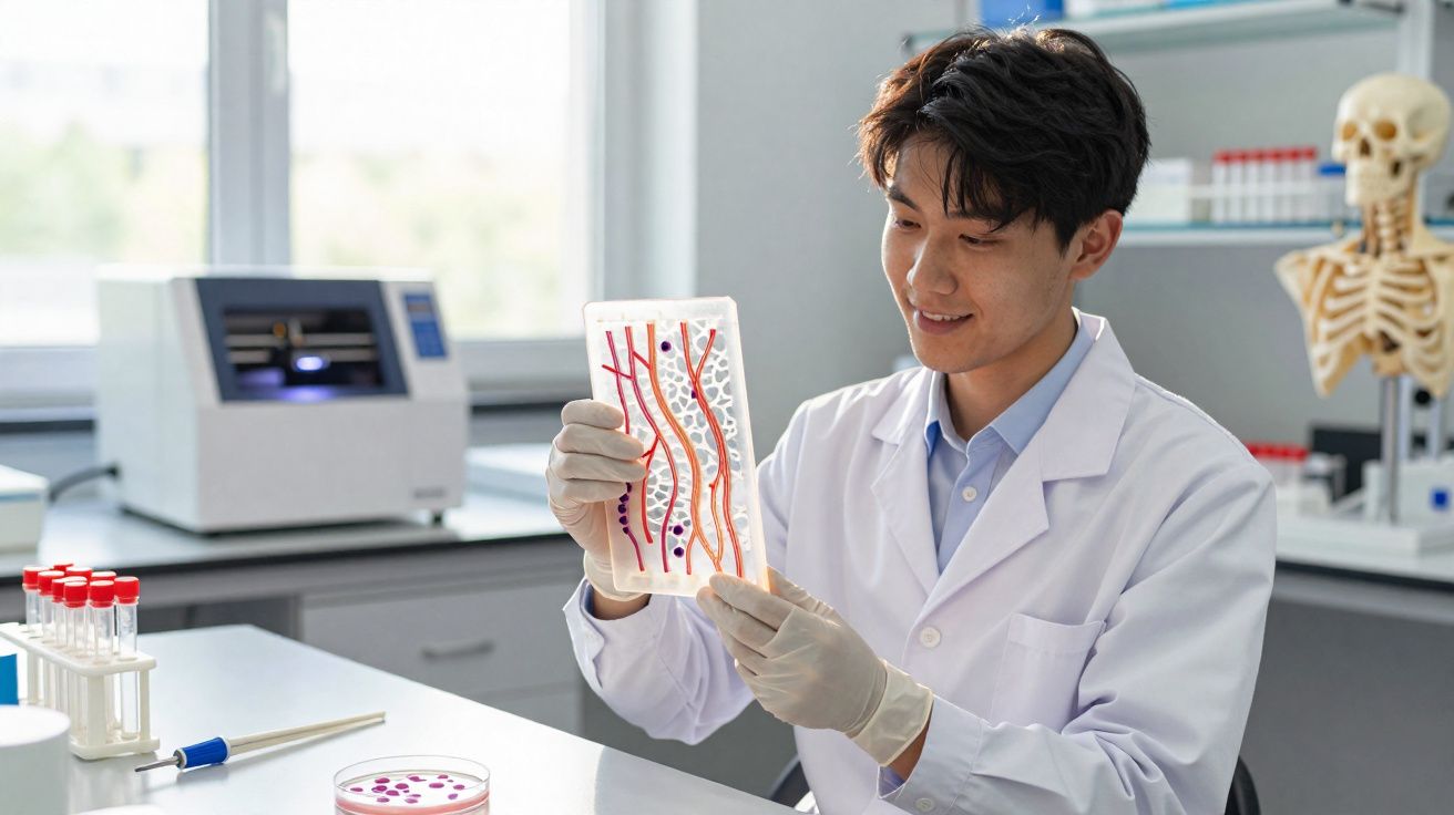 Cientista em laboratório a analisar placa com amostras coloridas, sorrindo e com roupa branca de proteção.