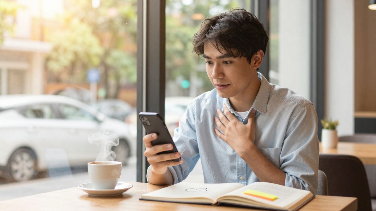 Homem jovem sentado num café, a olhar para o telemóvel, com livro aberto e chá quente à sua frente.