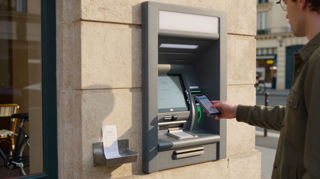 Pessoa utiliza telemóvel para fazer pagamento contactless num multibanco ao ar livre numa rua citadina.