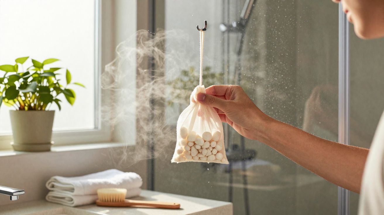 Mão segura sachê perfumado com bolas brancas em casa de banho com vapor e planta junto à janela.